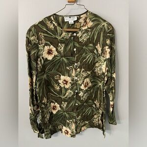 Vintage Saks Fifth Avenue Hawaiian Floral Button-Up Blouse  Silk Green M Petite